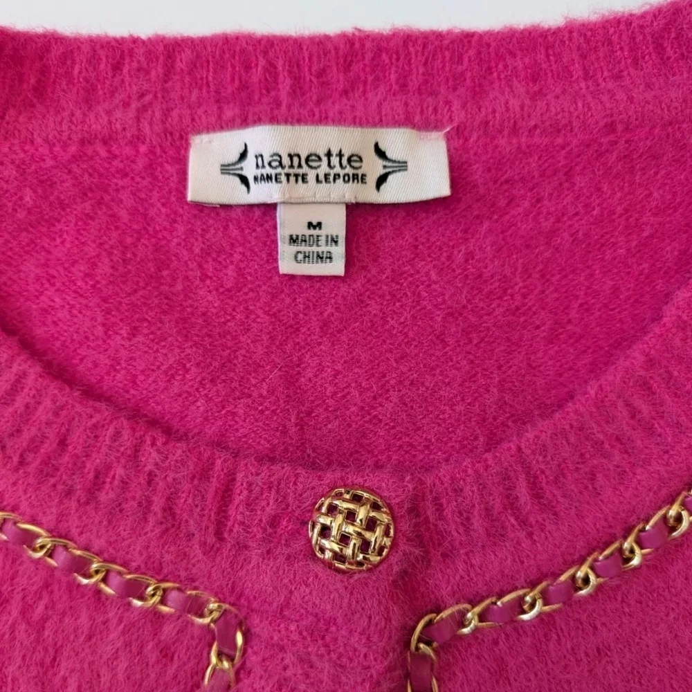 Nanette Lepore Pink Fuzzy Cardigan Medium ‎ Gold Chain Trim/Buttons Real Pockets